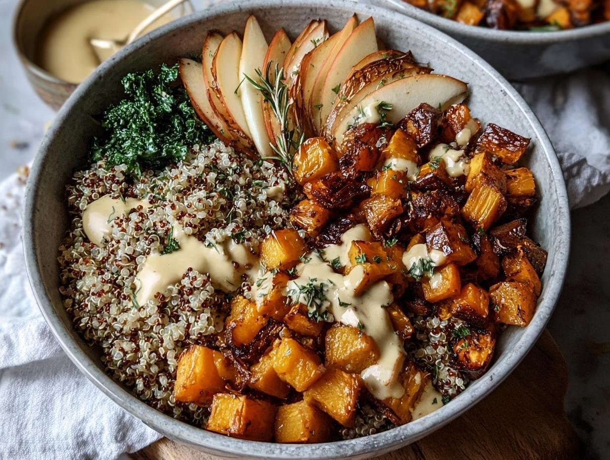 Autumn Glow Quinoa Bowls with maple-tahini dressing and pumpkin seeds