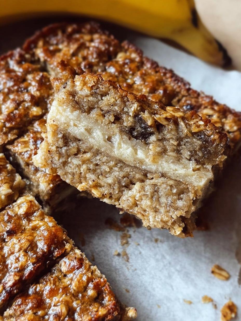 Unreal Banana Oatmeal Bars: 10 Min Prep Magic - Close-up of a stack of freshly baked Banana Oatmeal Bars with chocolate chips.