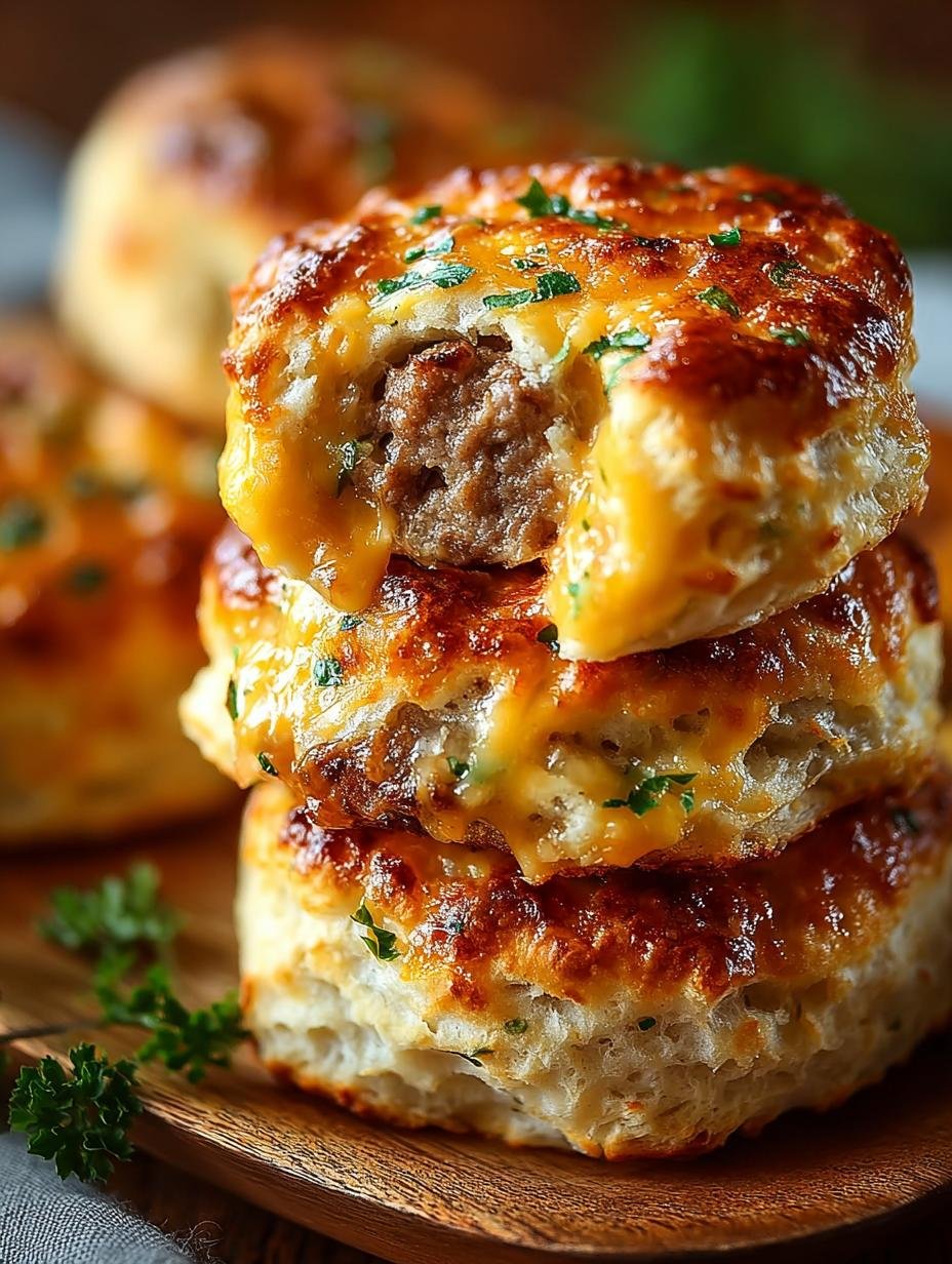 Delicious Beef Sausage Cheese Butter biscuits served warm with a side of fruit