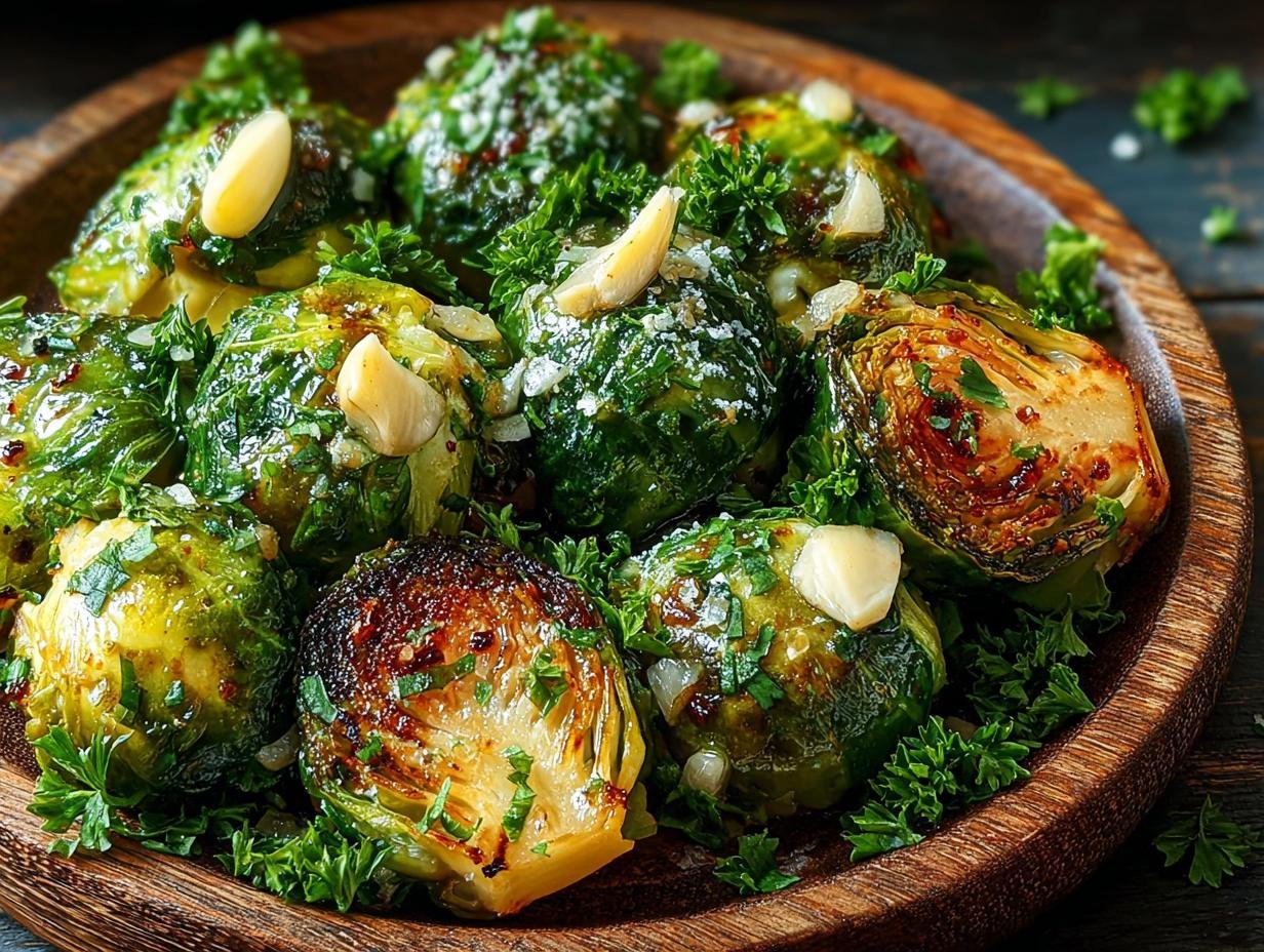 Garlic Butter Roasted Brussels: Amazing 1-Pan Wonder - close-up of roasted Brussels sprouts with garlic and butter