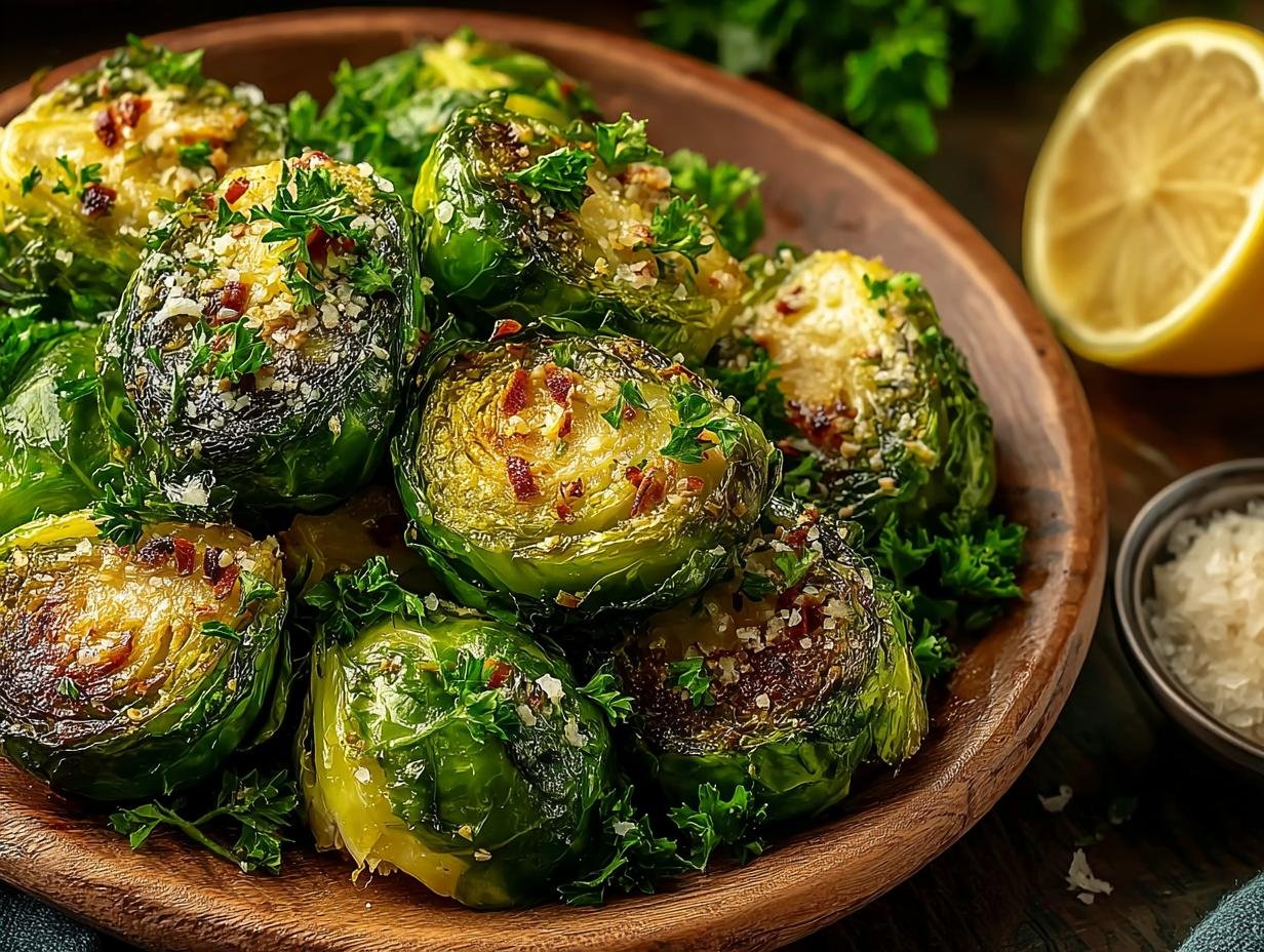 Close-up of Golden Garlic Butter Roasted Brussels Sprouts showing crispy edges