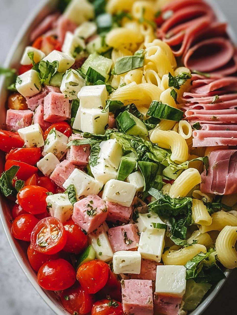 Vibrant Italian Sub Salad Two with crisp romaine, salami, provolone, and colorful vegetables, dressed and ready to serve.