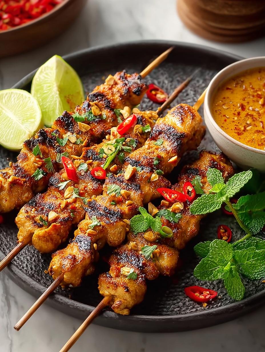 Irresistible Thai Chicken Satay skewers served with peanut sauce