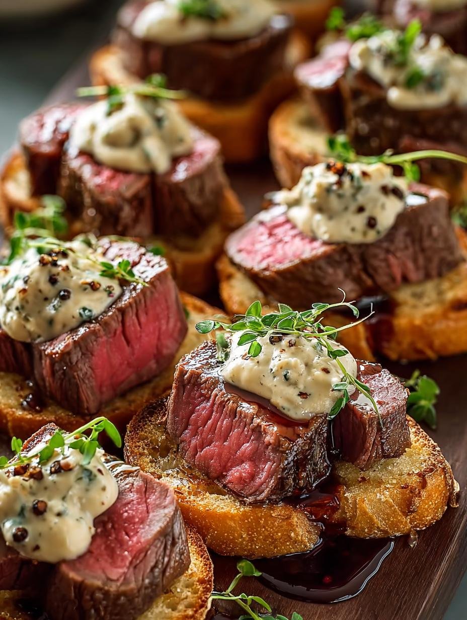 Beef Tenderloin Crostini with Parmesan Cream Sauce