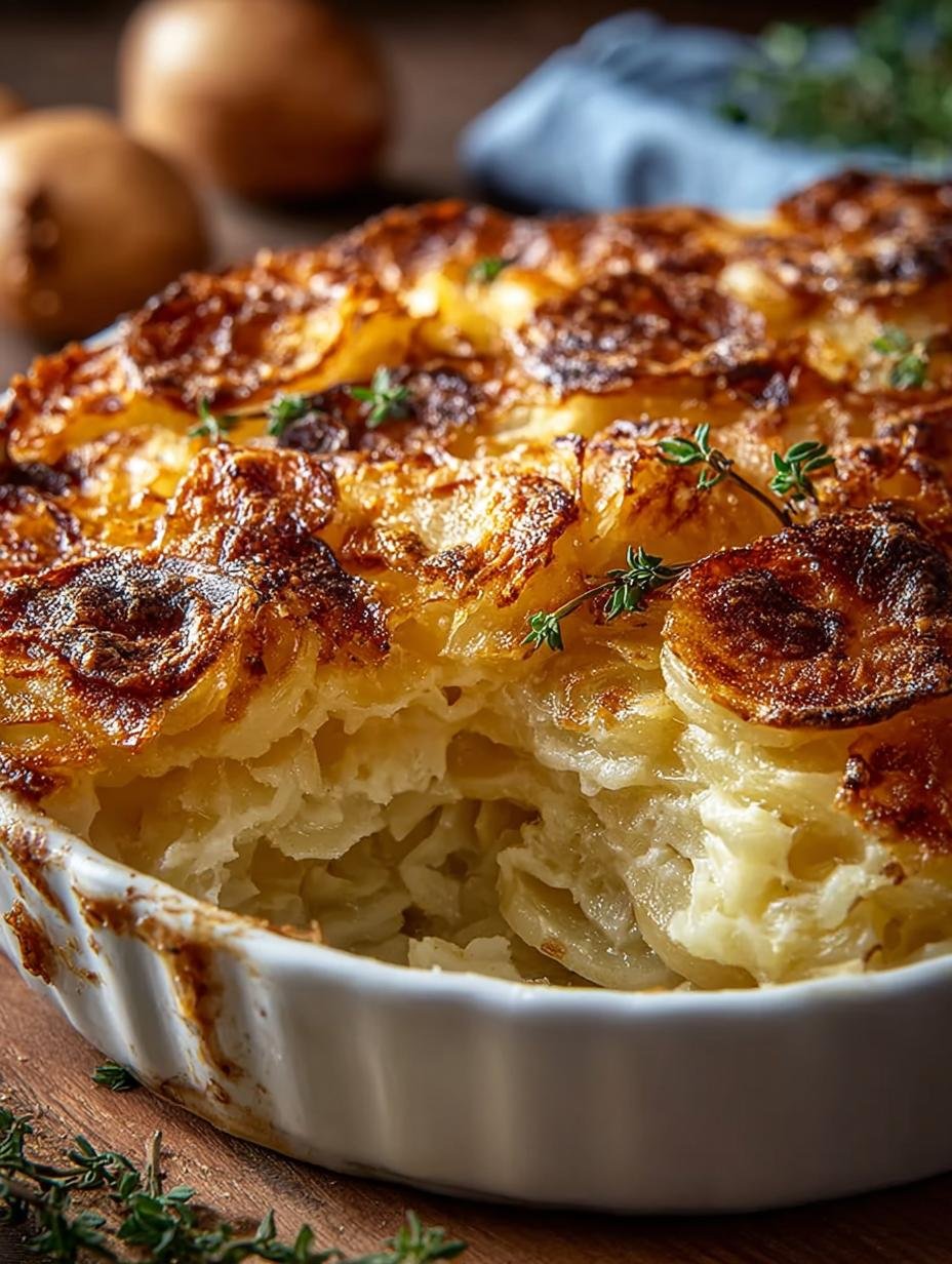 Irresistible French Onion Funeral Potatoes baked to perfection in a casserole dish